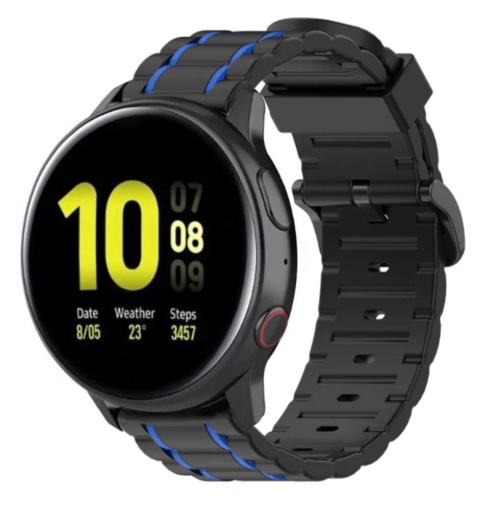 Silicone Strap 'Tough', black/blue, on a watch, 3/4 front view