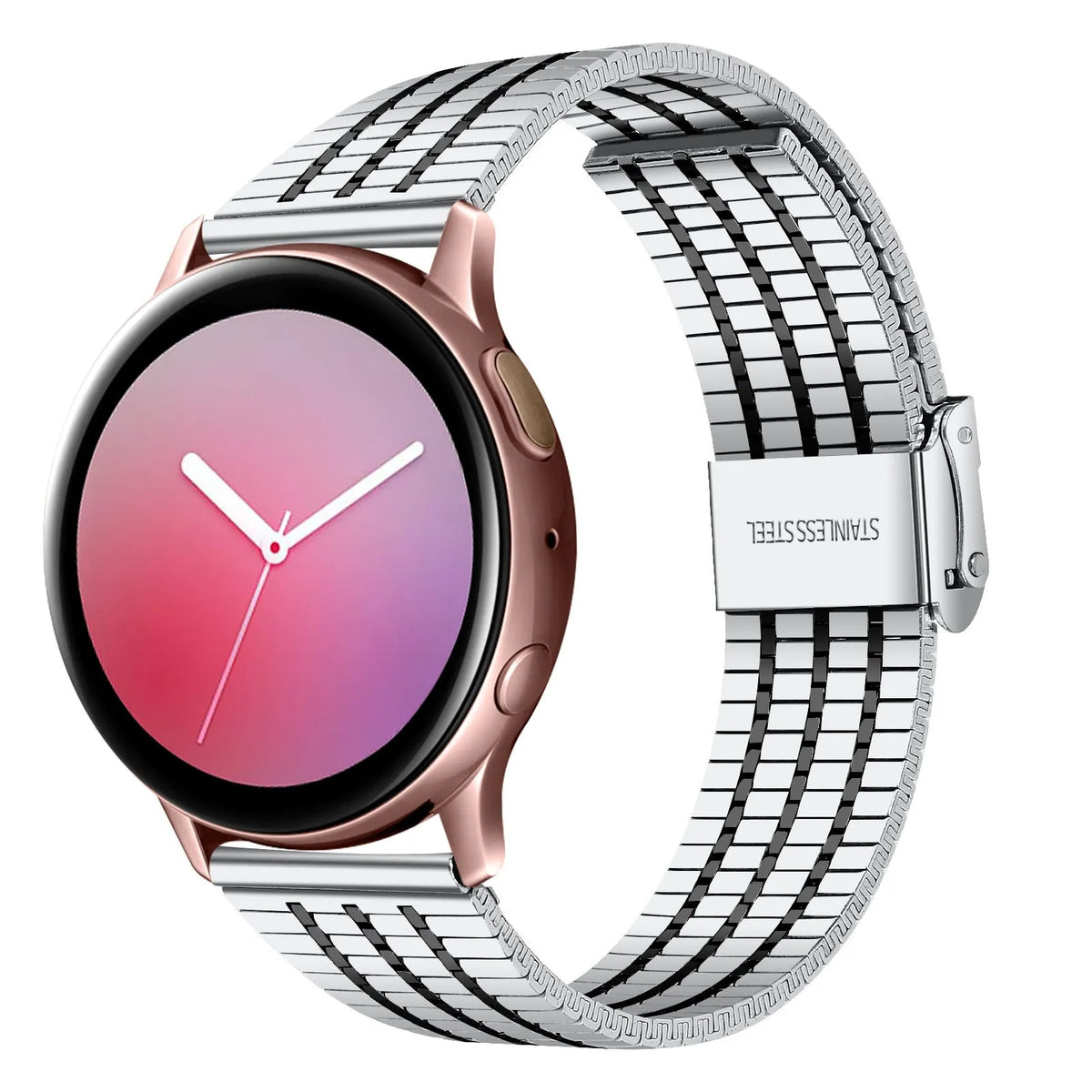 Fine Steel Strap, silver/black, on a watch, 3/4 front view
