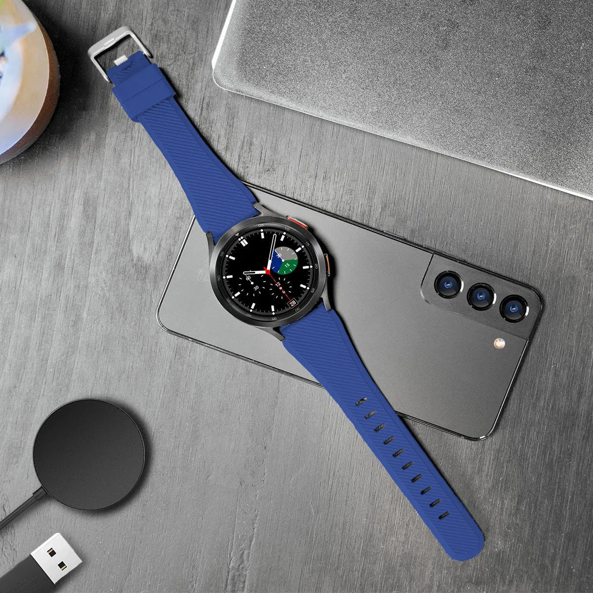 Twill Silicone Strap, blue, on a watch, 3/4 front view