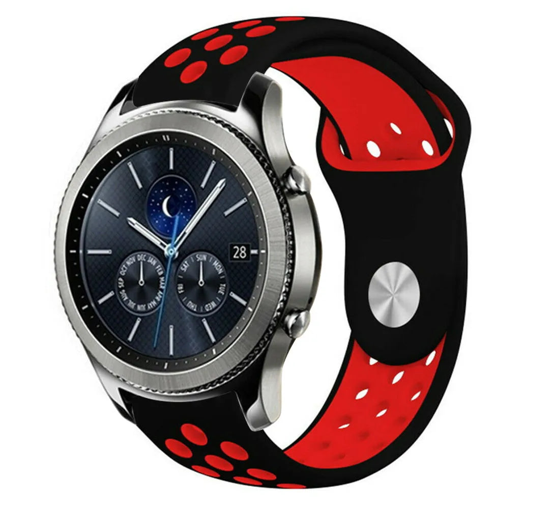 Silicone Sport Strap, black/red, on a watch, 3/4 front view