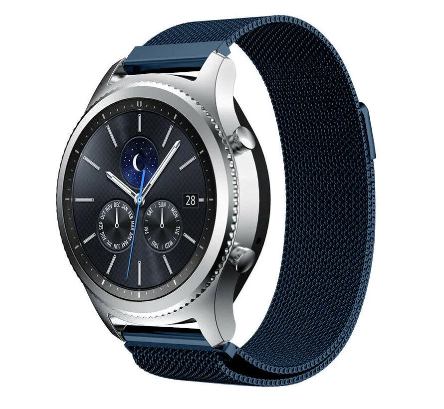 Milanese Strap, blue, on a watch, 3/4 front view