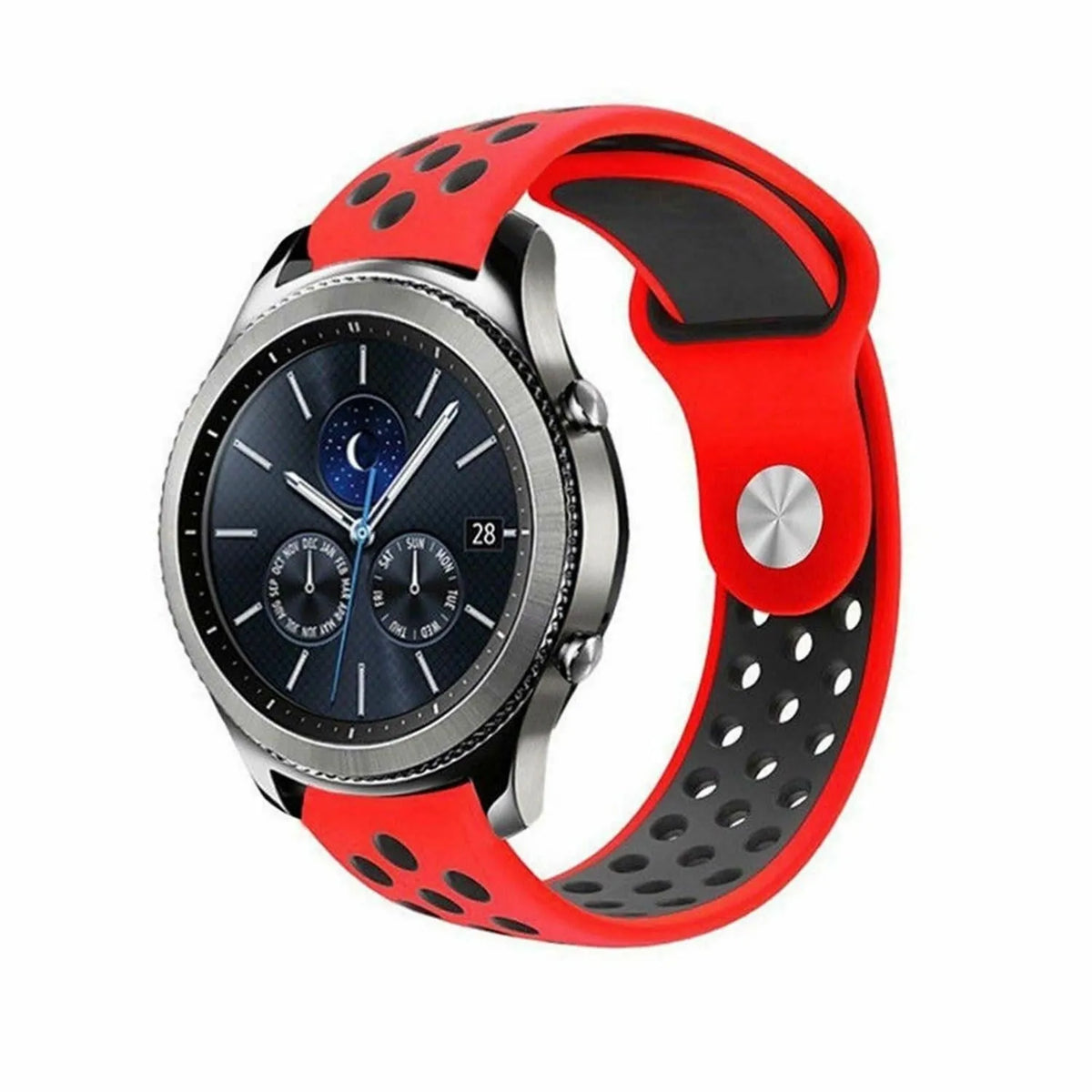 Silicone Sport Strap, red/black, on a watch, 3/4 front view