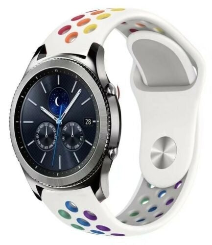 Silicone Sport Strap, white/colourful, on a watch, 3/4 front view