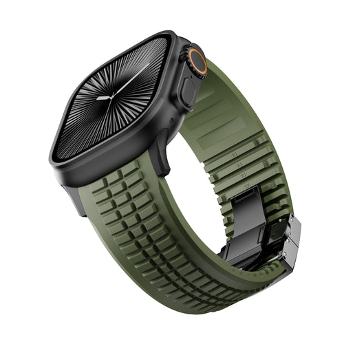 Premium Silicone Strap, army green, on a watch, 3/4 front view