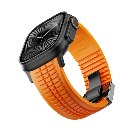 Premium Silicone Strap, orange, on a watch, 3/4 front view