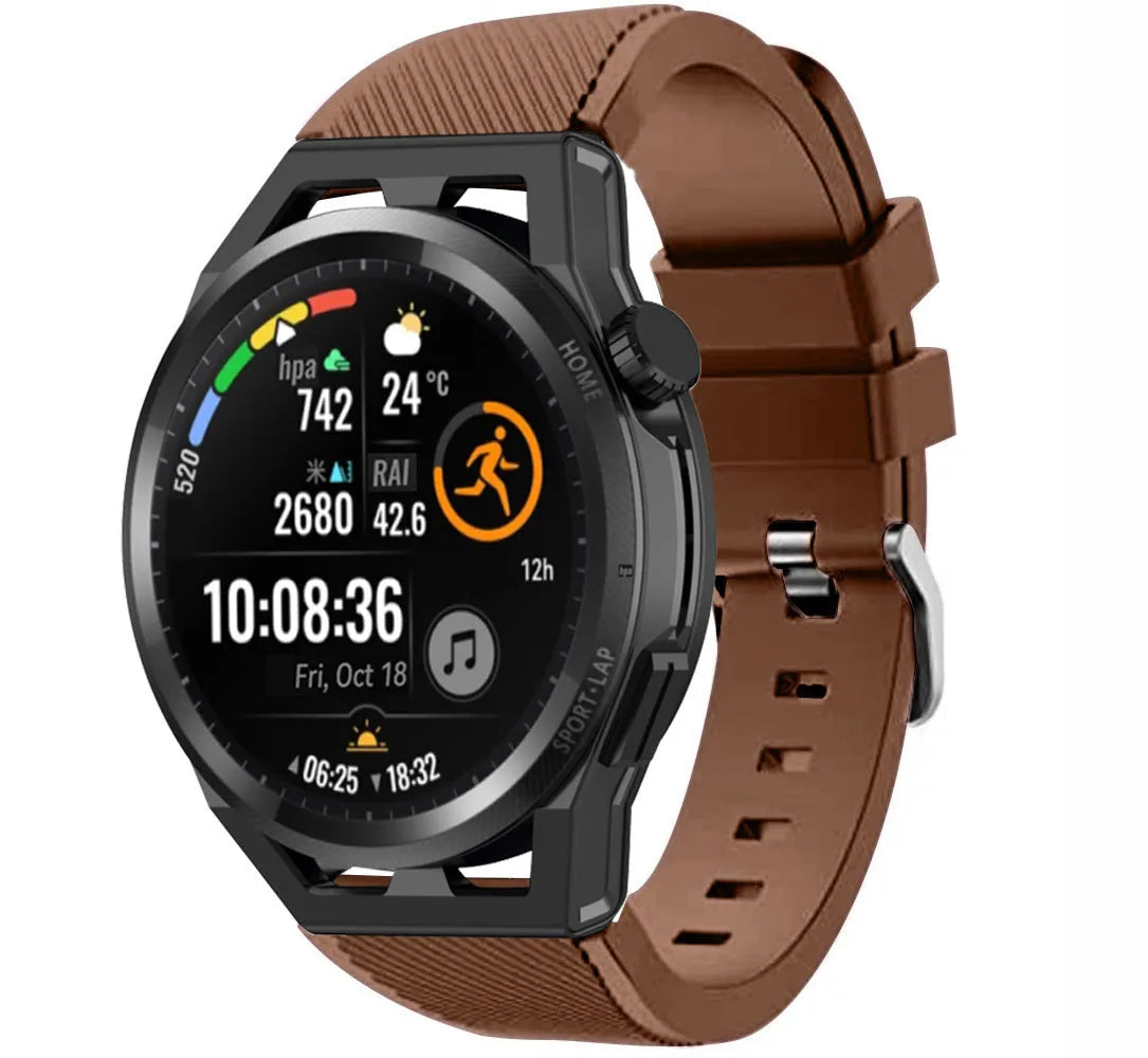 Twill Silicone Strap, brown, on a watch, 3/4 front view