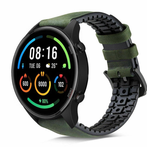 Leather Hybrid Strap, black/green, on a watch, 3/4 front view