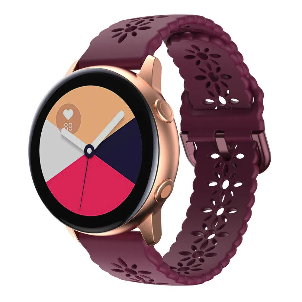 Patterned Silicone Strap, burgundy, on a watch, 3/4 front view