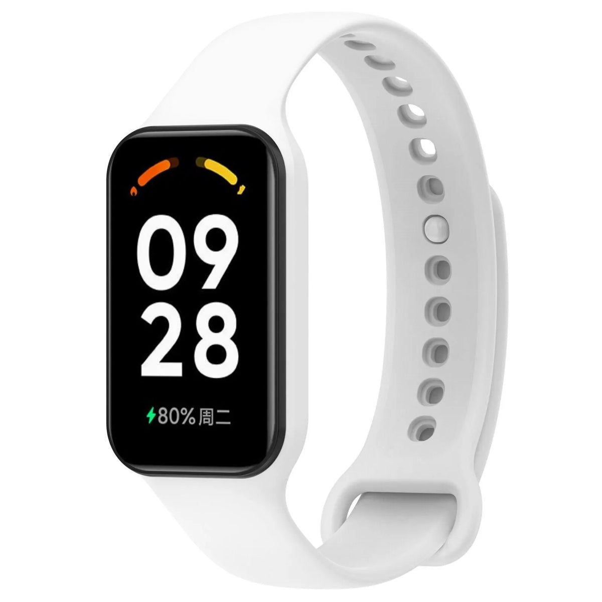 Silicone Strap, white, on a watch, 3/4 front view