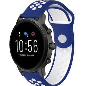 Silicone Sport Strap, blue/white, on a watch, 3/4 front view