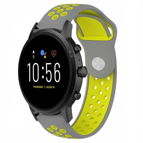 Silicone Sport Strap, grey/yellow, on a watch, 3/4 front view