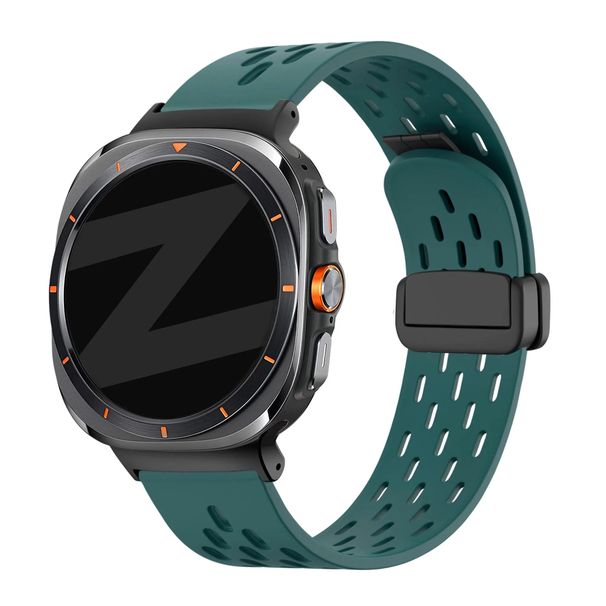 Silicone D-Buckle Sport Strap 'Air', viridian, on a watch, 3/4 front view
