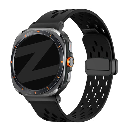 Silicone D-Buckle Sport Strap 'Air', black, on a watch, 3/4 front view