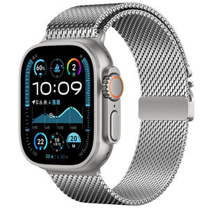 Modern Milanese Strap, silver, on a watch, 3/4 front view