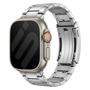 Adjustable Titanium Strap, silver, on a watch, 3/4 front view