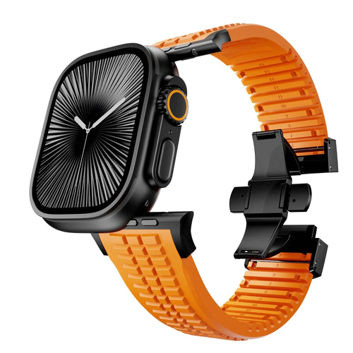 Premium Silicone Strap, orange, on a watch, 3/4 front view