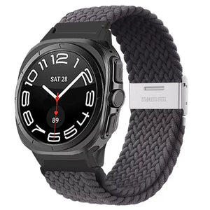 Braided Nylon Strap, dark grey, on a watch, 3/4 front view