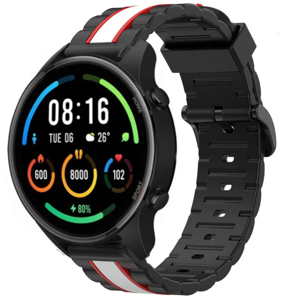 Silicone Special Edition Strap, black/white, on a watch, 3/4 front view