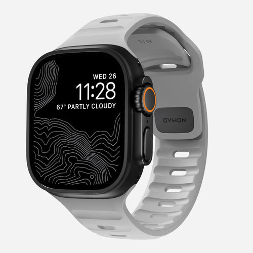 Sport Silicone Strap, grey, on a watch, 3/4 front view