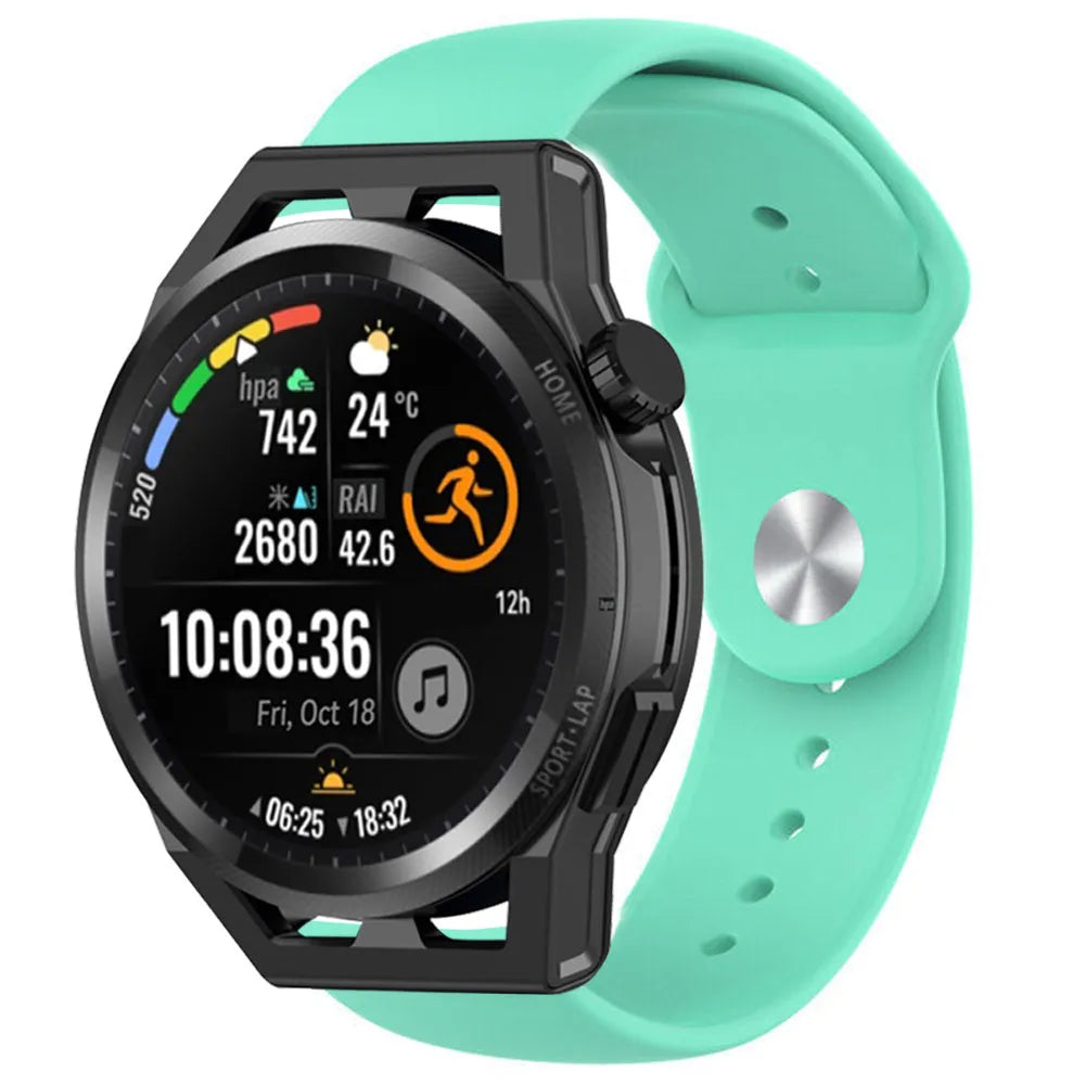 Silicone Sport Strap, aqua, on a watch, 3/4 front view