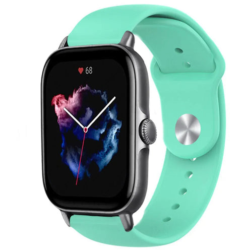Silicone Sport Strap, aqua, on a watch, 3/4 front view