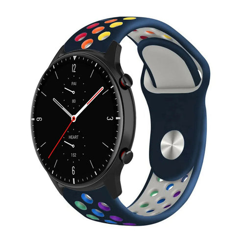 Silicone Sport Strap, dark blue/colourful, on a watch, 3/4 front view