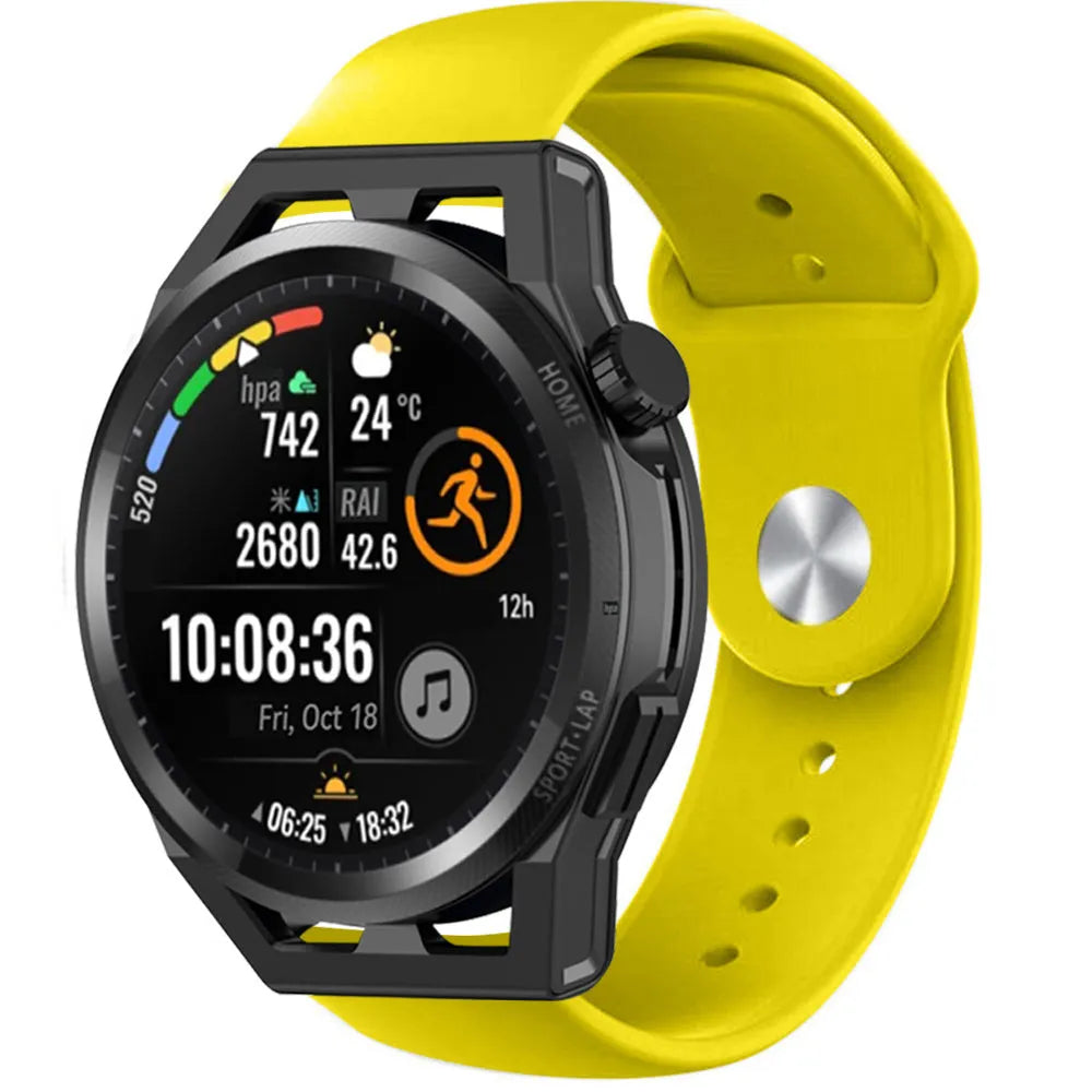 Silicone Sport Strap, yellow, on a watch, 3/4 front view