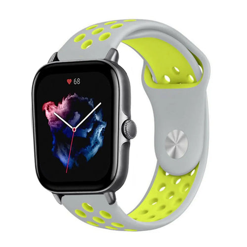 Silicone Sport Strap, grey/yellow, on a watch, 3/4 front view