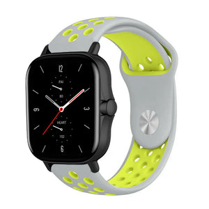 Silicone Sport Strap, grey/yellow, on a watch, 3/4 front view