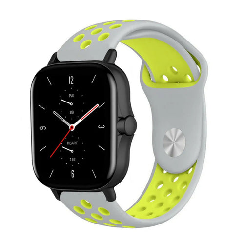 Silicone Sport Strap, grey/yellow, on a watch, 3/4 front view