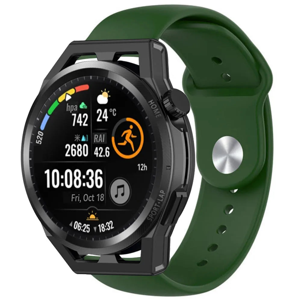 Silicone Sport Strap, army green, on a watch, 3/4 front view