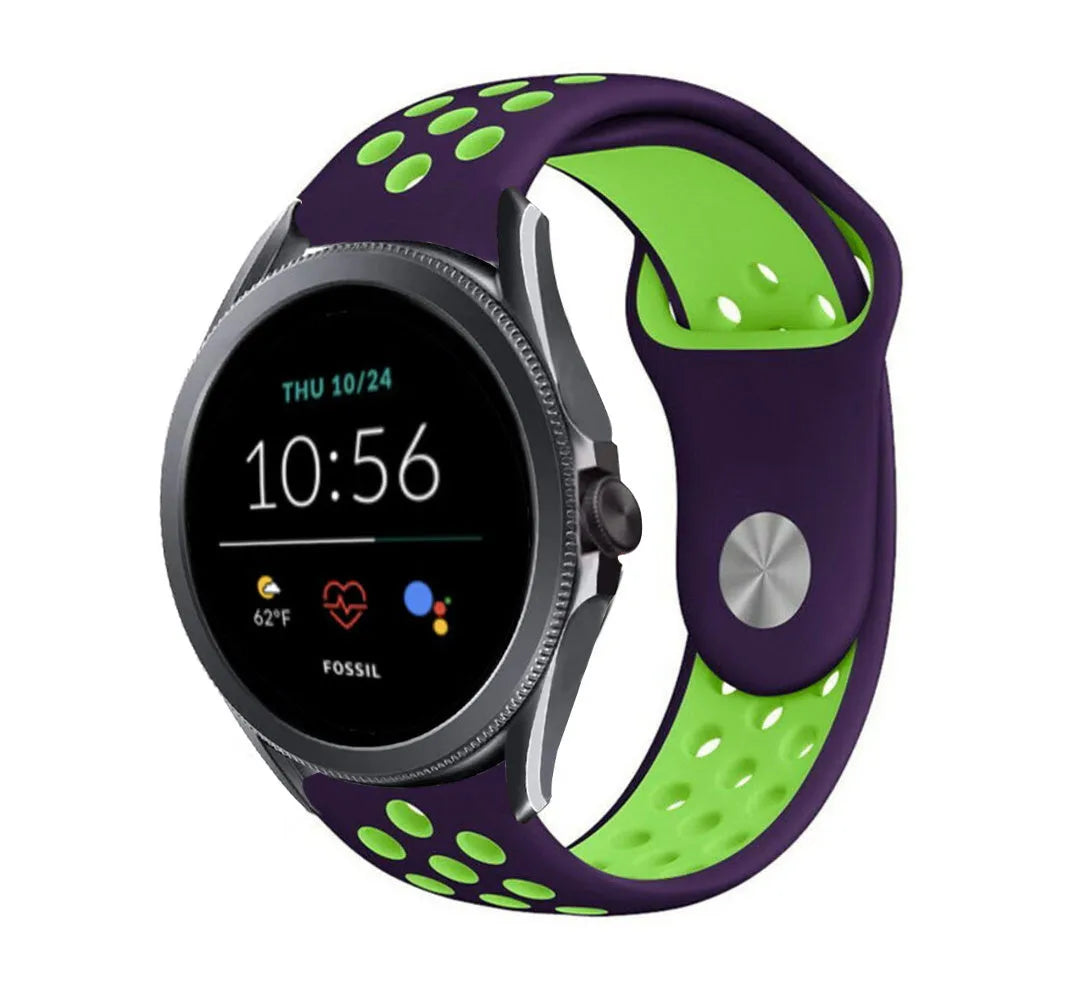 Silicone Sport Strap, purple/green, on a watch, 3/4 front view
