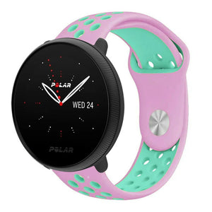 Silicone Sport Strap, pink/aqua, on a watch, 3/4 front view