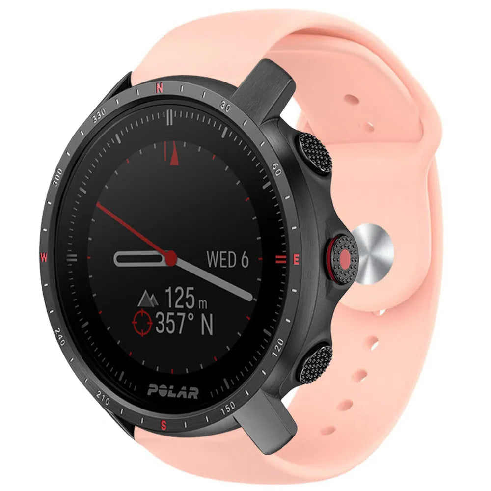 Silicone Sport Strap, pink, on a watch, 3/4 front view