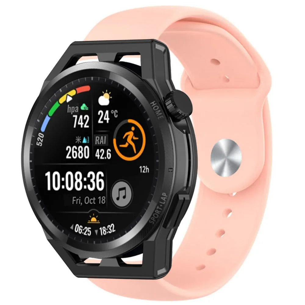 Silicone Sport Strap, pink, on a watch, 3/4 front view