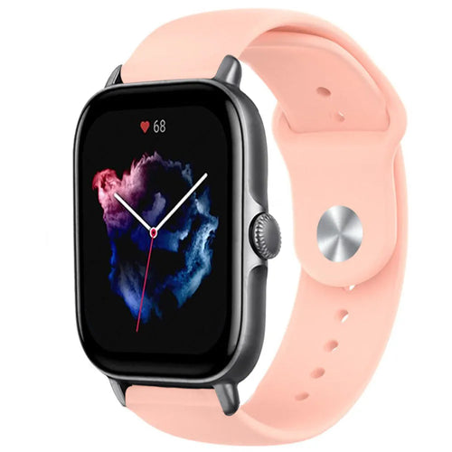 Silicone Sport Strap, pink, on a watch, 3/4 front view