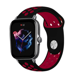Silicone Sport Strap, black/red, on a watch, 3/4 front view