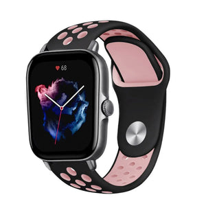 Silicone Sport Strap, black/pink, on a watch, 3/4 front view