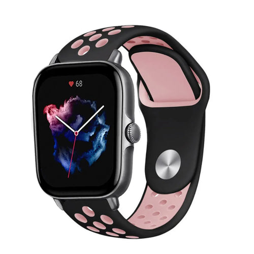 Silicone Sport Strap, black/pink, on a watch, 3/4 front view