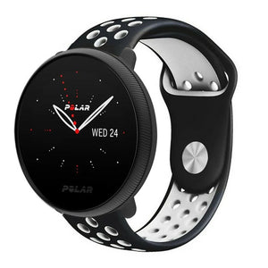 Silicone Sport Strap, black/white, on a watch, 3/4 front view
