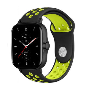 Silicone Sport Strap, black/yellow, on a watch, 3/4 front view
