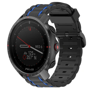 Silicone Sport Strap with Buckle, black/blue, on a watch, 3/4 front view