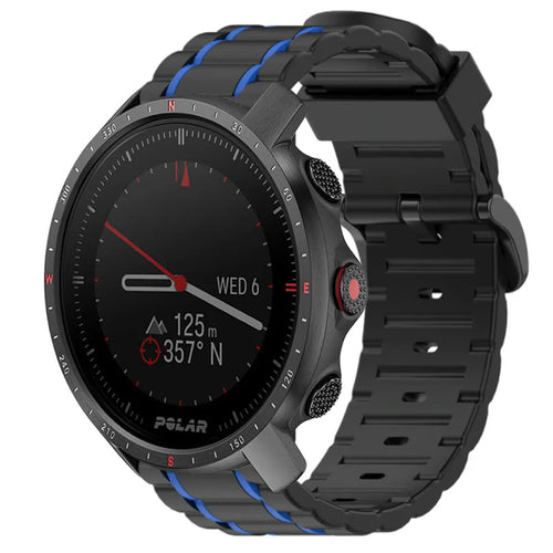 Silicone Sport Strap with Buckle, black/blue, on a watch, 3/4 front view