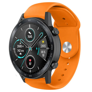 Silicone Sport Strap, orange, on a watch, 3/4 front view