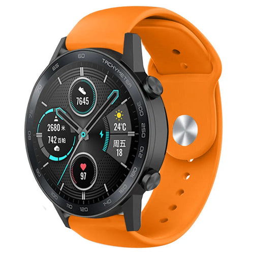 Silicone Sport Strap, orange, on a watch, 3/4 front view