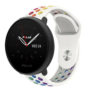 Silicone Sport Strap, white/colourful, on a watch, 3/4 front view