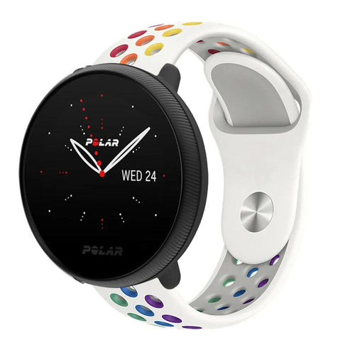 Silicone Sport Strap, white/colourful, on a watch, 3/4 front view