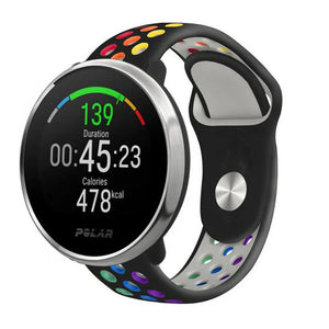 Silicone Sport Strap, black/colourful, on a watch, 3/4 front view