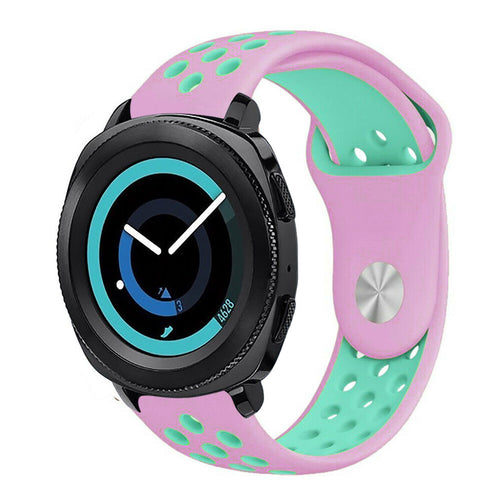 Silicone Sport Strap, pink/aqua, on a watch, 3/4 front view