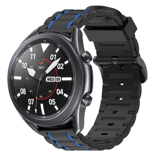 Silicone Sport Strap with Buckle, black/blue, on a watch, 3/4 front view
